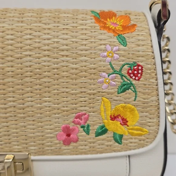 NEW Kate Spade Phoebe Embroidered Straw Flap Crossbody Shoulder Bag, Meringue - Picture 3 of 12